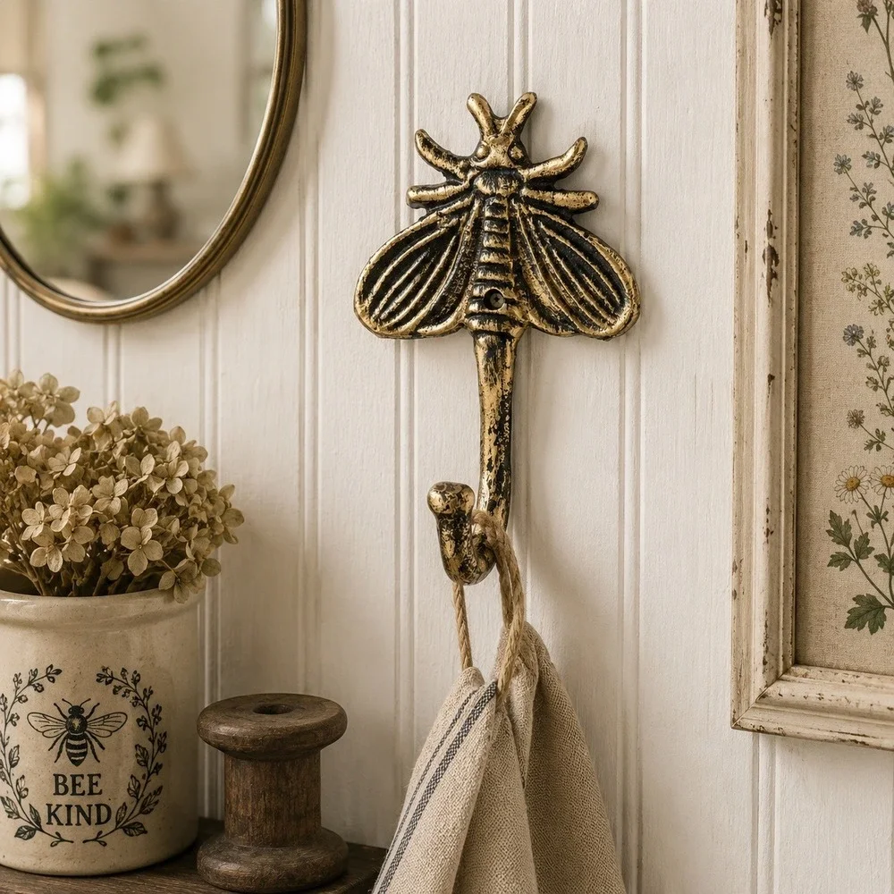 Moth Wall Hook Gold Black Distressed Metal Cottage Gothic Dark Academia Decor